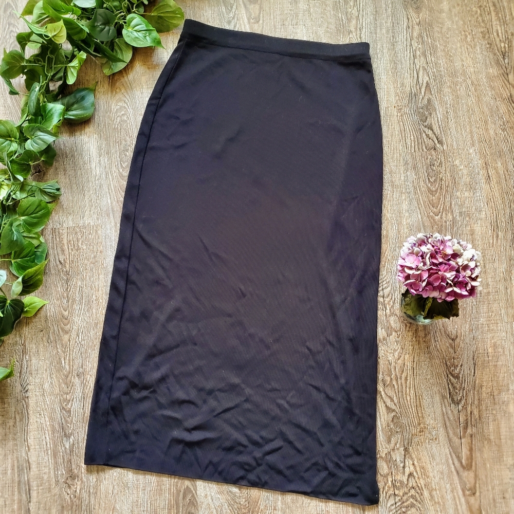 Exclusively Misook Midi Skirt Neutral Black Knit Minimalist Career Office Chic